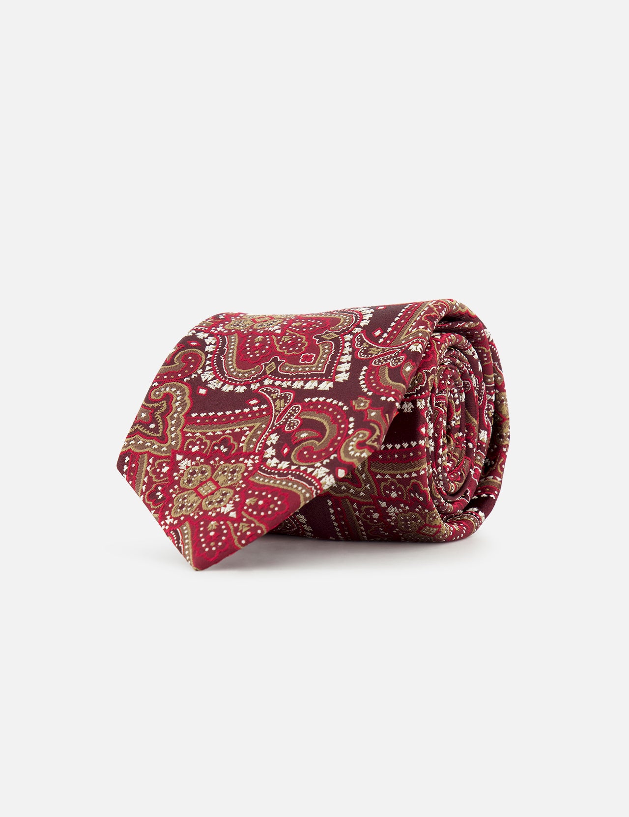 The ISAIA Paisley Neck Tie, crafted in Italy from pure silk, showcases a rolled dark red design adorned with an intricate paisley pattern in gold and green hues, set against a plain white background.
