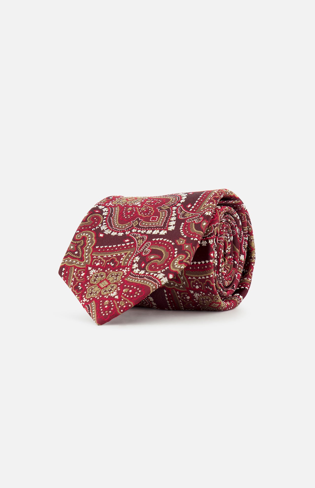 The ISAIA Paisley Neck Tie, crafted in Italy from pure silk, showcases a rolled dark red design adorned with an intricate paisley pattern in gold and green hues, set against a plain white background.