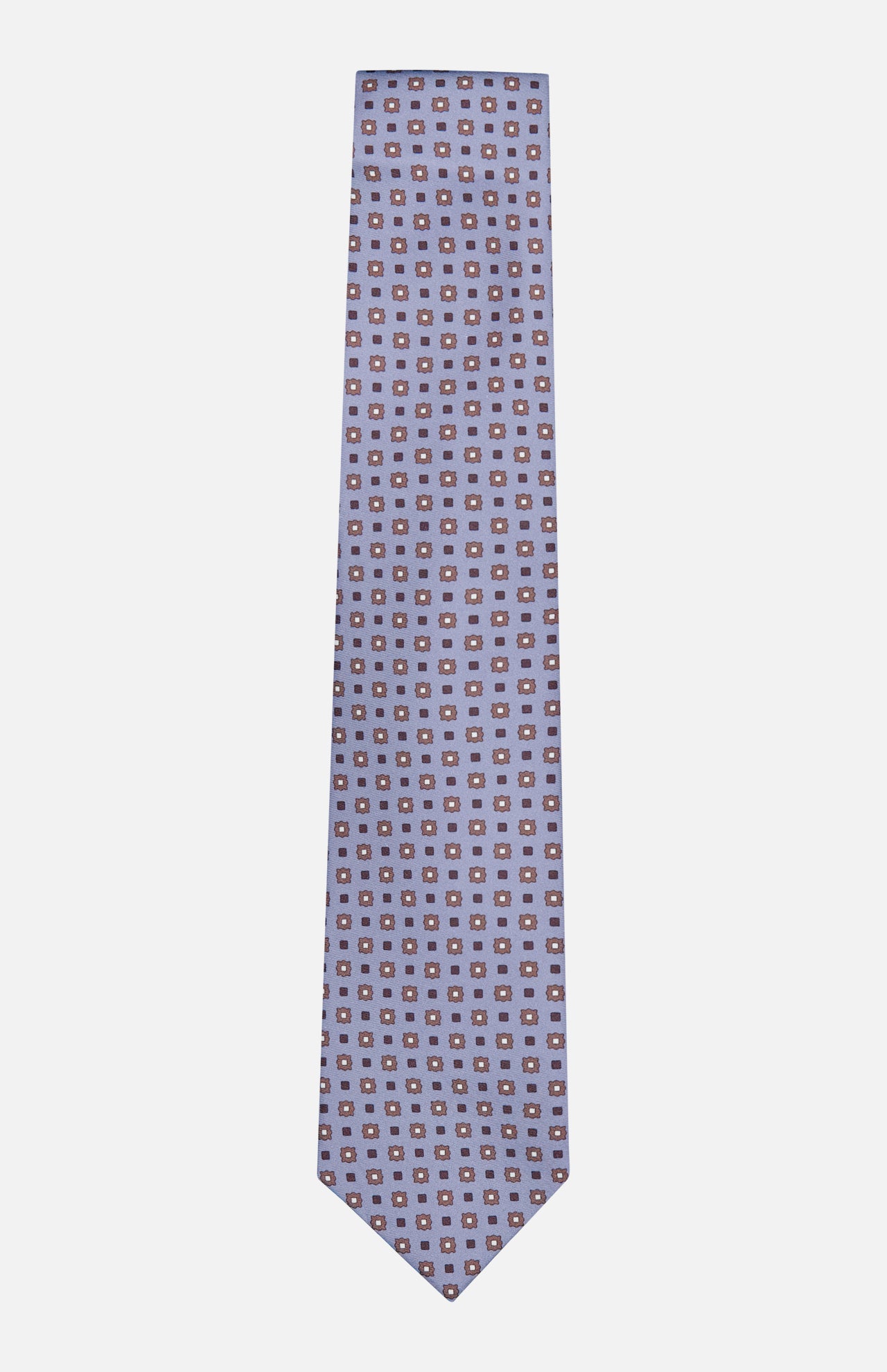 Introducing the ISAIA Pattern Neck Tie, crafted in Italy from light blue silk and adorned with a repeating small square pattern in white and maroon, shown elegantly against a plain white background.
