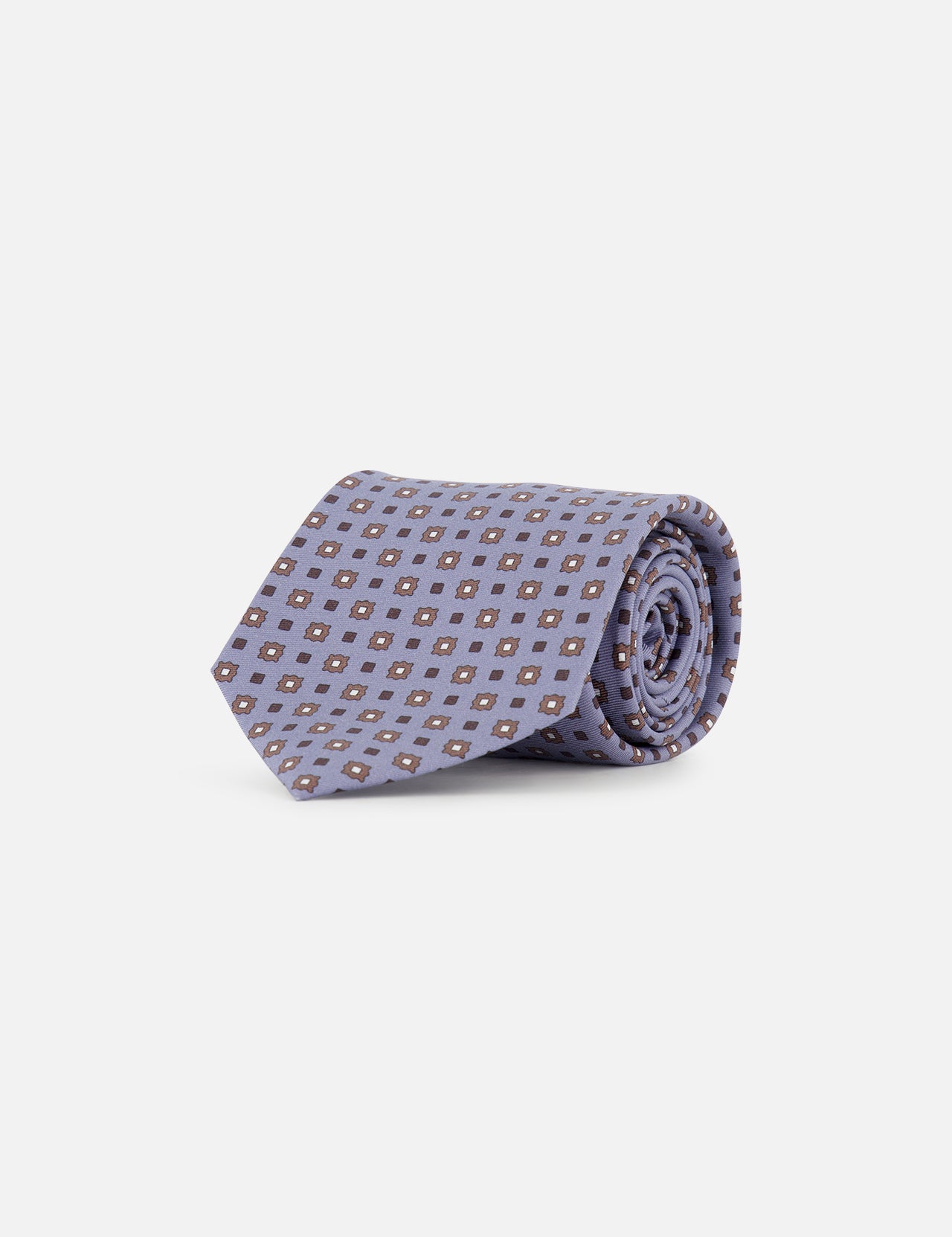 The ISAIA Pattern Neck Tie, crafted in Italy from lavender silk, features a small geometric pattern with white and brown squares and is displayed against a plain white background.