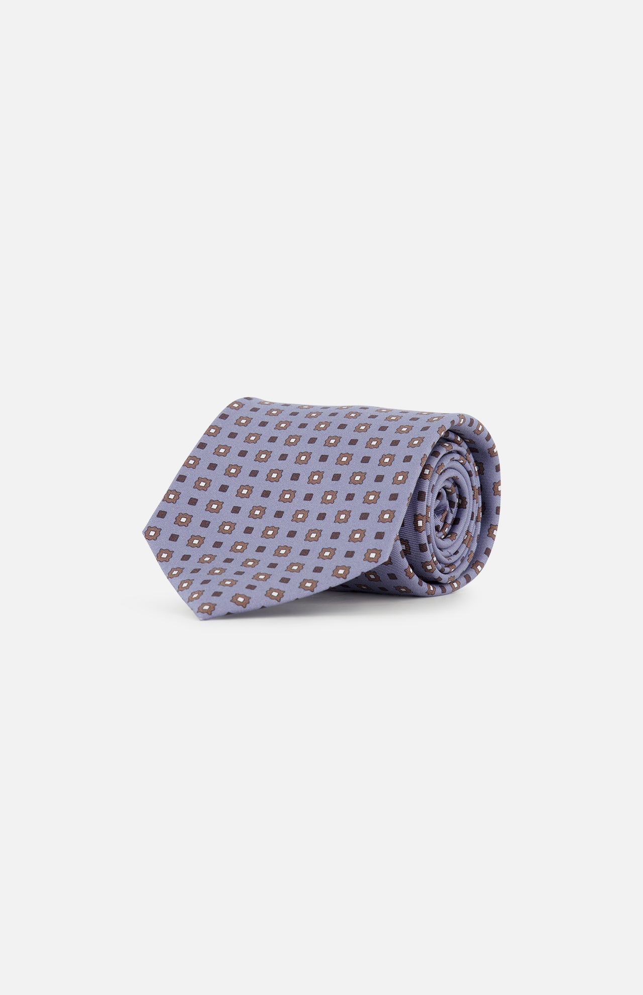 The ISAIA Pattern Neck Tie, crafted in Italy from lavender silk, features a small geometric pattern with white and brown squares and is displayed against a plain white background.