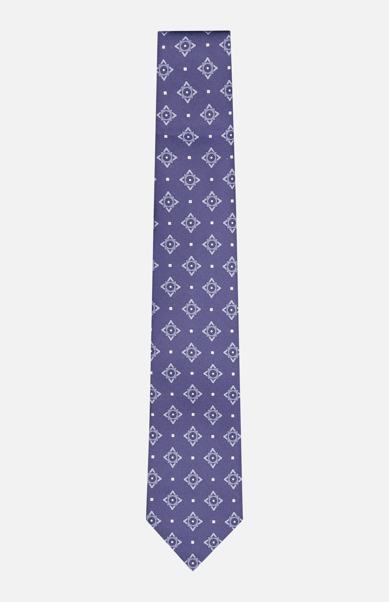 The ISAIA Pattern Neck Tie is shown on a plain white background, featuring a purple silk material adorned with a repeating white geometric pattern.