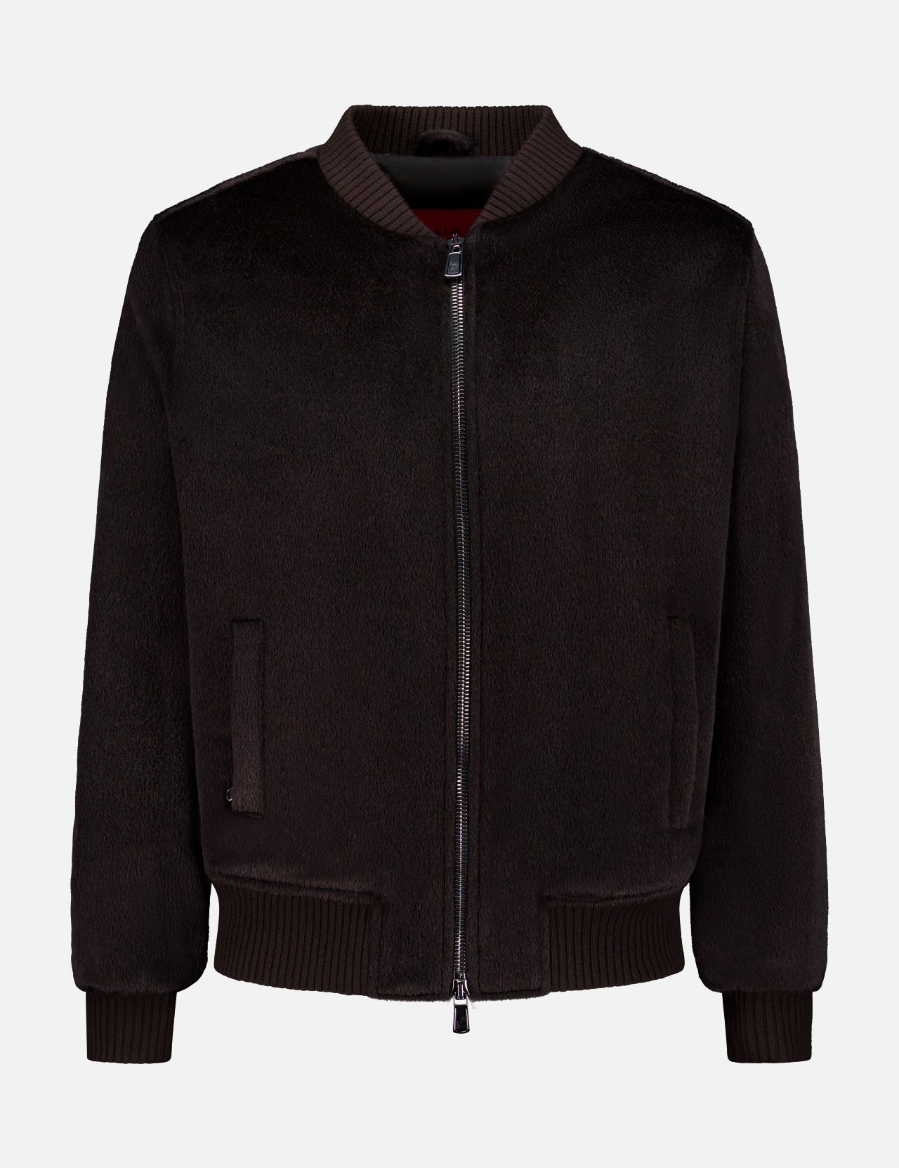 The ISAIA Peruvian Alpaca Varsity Bomber Jacket features a zipper front, ribbed collar, cuffs, and hem, as well as two side pockets. Crafted from soft, slightly lustrous black Peruvian alpaca, this men’s outerwear piece showcases premium quality and elegant texture. The jacket is presented against a plain white background.