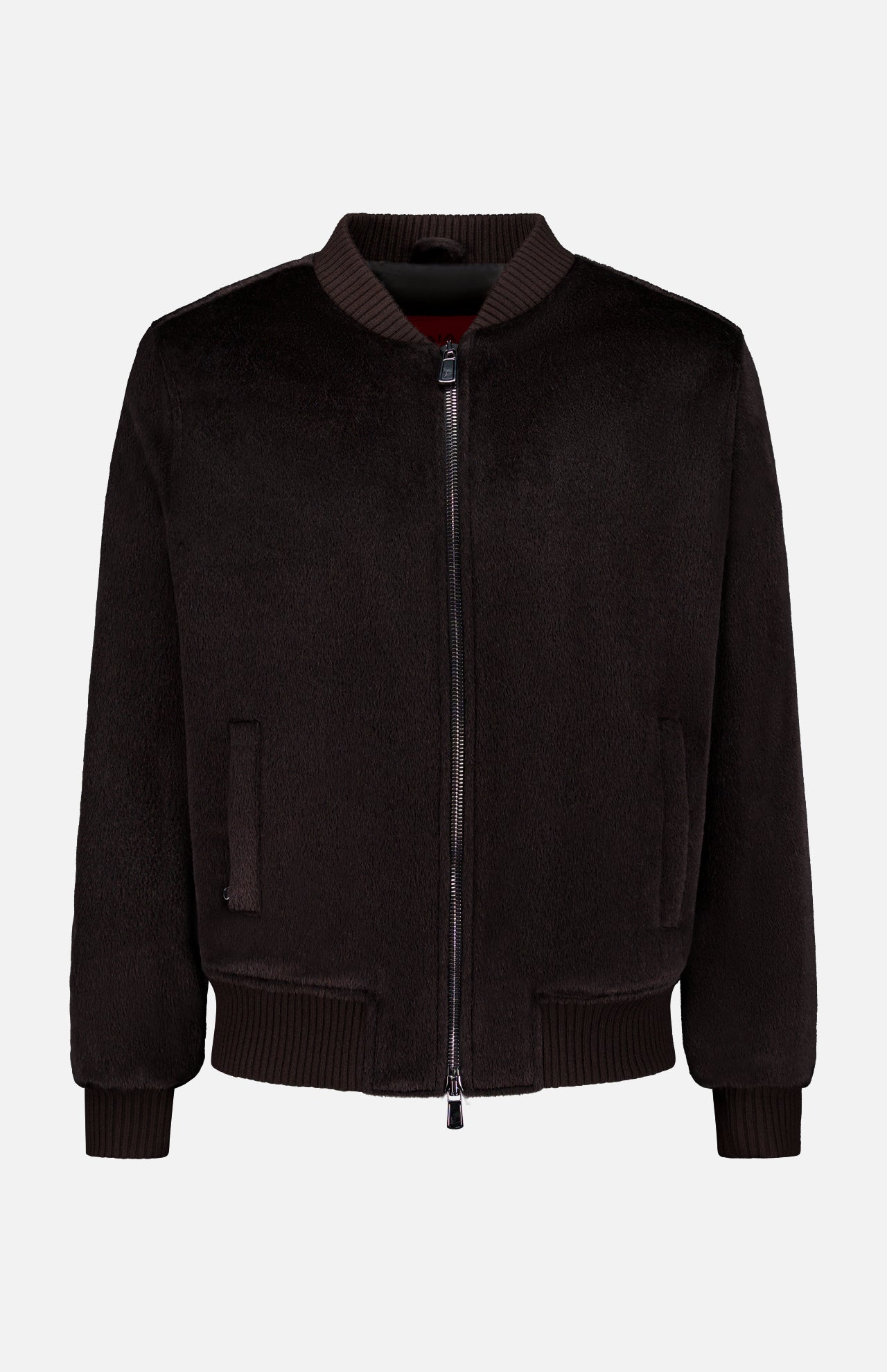 The ISAIA Peruvian Alpaca Varsity Bomber Jacket features a zipper front, ribbed collar, cuffs, and hem, as well as two side pockets. Crafted from soft, slightly lustrous black Peruvian alpaca, this men’s outerwear piece showcases premium quality and elegant texture. The jacket is presented against a plain white background.