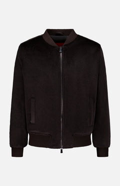 The ISAIA Peruvian Alpaca Varsity Bomber Jacket features a zipper front, ribbed collar, cuffs, and hem, as well as two side pockets. Crafted from soft, slightly lustrous black Peruvian alpaca, this men’s outerwear piece showcases premium quality and elegant texture. The jacket is presented against a plain white background.