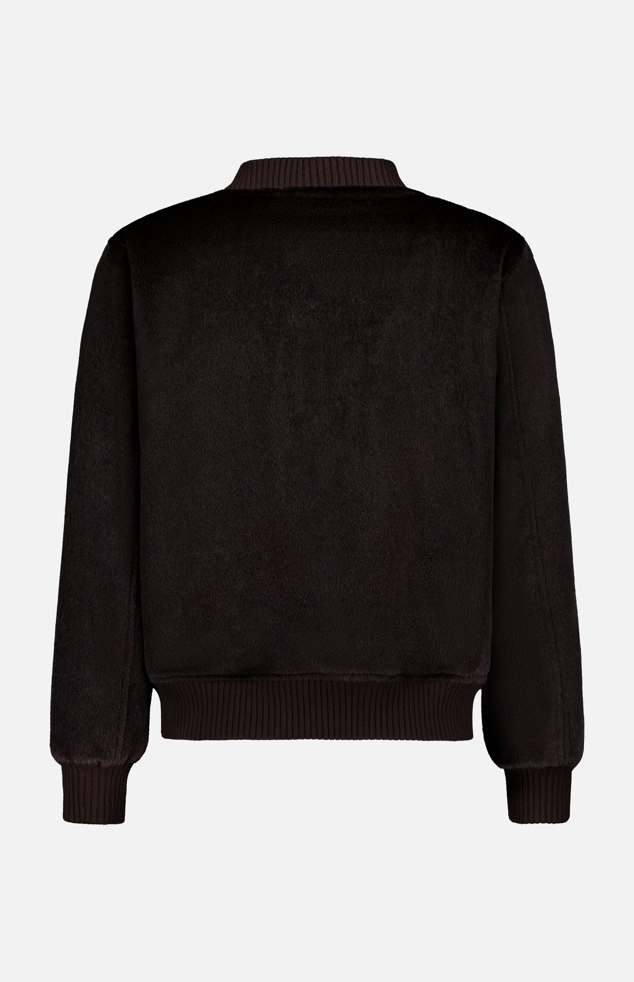 Back view of the ISAIA Peruvian Alpaca Varsity Bomber Jacket in plain black, featuring ribbed cuffs, hem, and collar. The soft, plush fabric highlights its classic varsity bomber silhouette with no visible logos or designs.