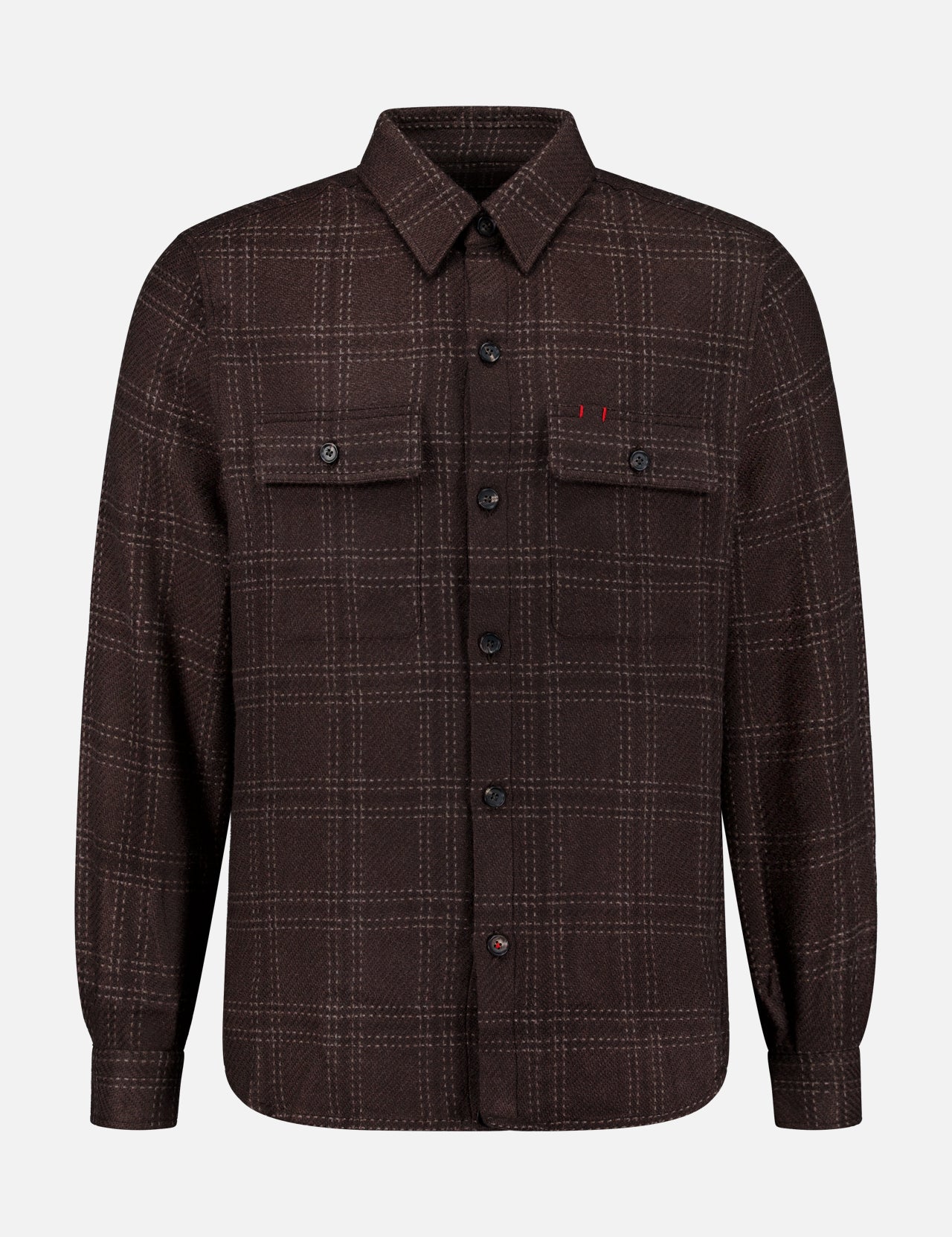 The ISAIA Plaid Knit Effect Overshirt is a brown long-sleeve shirt featuring a button-up front, two chest pockets, and subtle red stitching above the left pocket. Crafted from cashmere with a refined knit-effect plaid pattern, it offers enhanced texture and comfort.