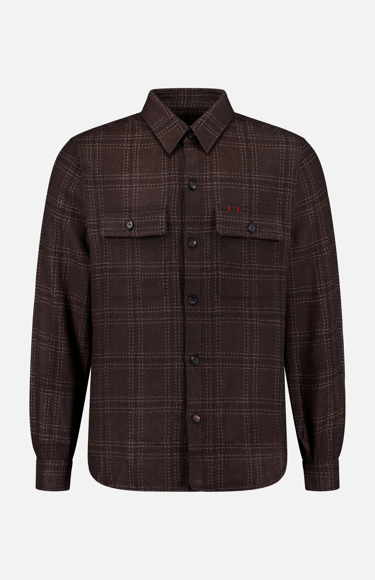 The ISAIA Plaid Knit Effect Overshirt is a brown long-sleeve shirt featuring a button-up front, two chest pockets, and subtle red stitching above the left pocket. Crafted from cashmere with a refined knit-effect plaid pattern, it offers enhanced texture and comfort.