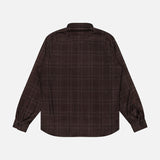 The Plaid Knit Effect Overshirt by ISAIA is a long-sleeve, button-up cashmere shirt featuring a dark brown and light plaid knit-effect checkered pattern, displayed from the back against a white background.