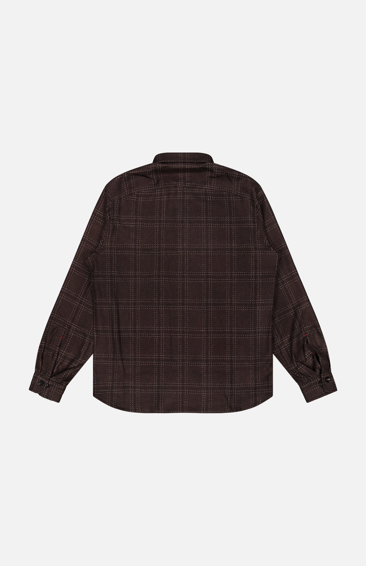 The Plaid Knit Effect Overshirt by ISAIA is a long-sleeve, button-up cashmere shirt featuring a dark brown and light plaid knit-effect checkered pattern, displayed from the back against a white background.