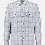 ISAIA Plaid Pastel Overshirt in light gray with a blue and white pastel plaid pattern, featuring long sleeves, two buttoned chest pockets, and a pointed collar. Expertly crafted in Italy, this stylish overshirt is displayed on a plain white background.