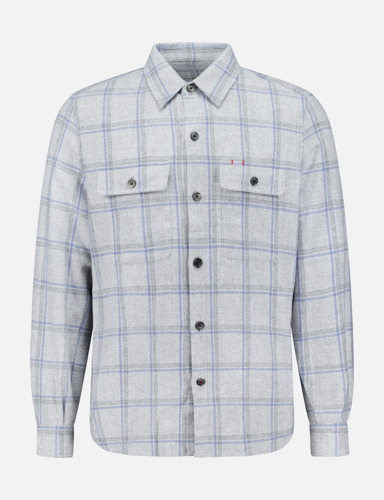ISAIA Plaid Pastel Overshirt in light gray with a blue and white pastel plaid pattern, featuring long sleeves, two buttoned chest pockets, and a pointed collar. Expertly crafted in Italy, this stylish overshirt is displayed on a plain white background.
