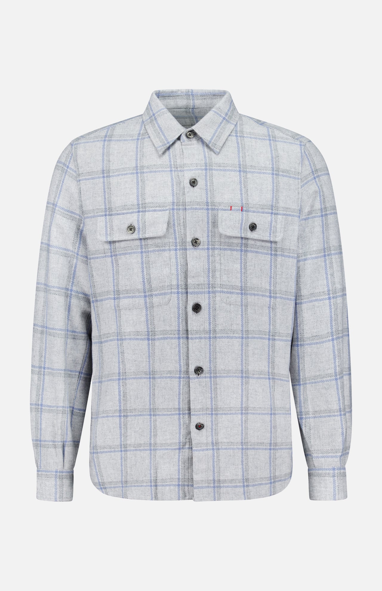 ISAIA Plaid Pastel Overshirt in light gray with a blue and white pastel plaid pattern, featuring long sleeves, two buttoned chest pockets, and a pointed collar. Expertly crafted in Italy, this stylish overshirt is displayed on a plain white background.