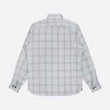 The Plaid Pastel Overshirt by ISAIA is a long-sleeve, light gray button-up shirt featuring a blue plaid pattern. Shown from the back against a plain white background, this expertly crafted Italian piece offers timeless style and comfort.