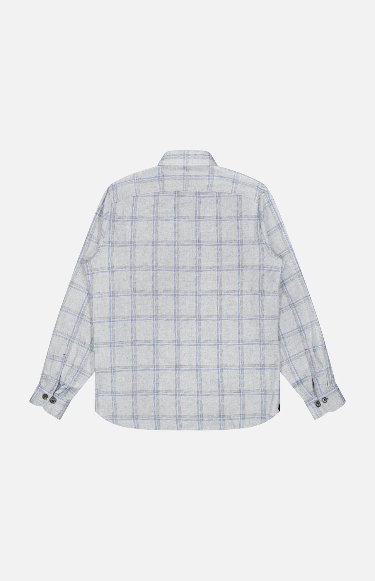 The Plaid Pastel Overshirt by ISAIA is a long-sleeve, light gray button-up shirt featuring a blue plaid pattern. Shown from the back against a plain white background, this expertly crafted Italian piece offers timeless style and comfort.