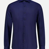 The ISAIA Print Oxford Dress Shirt is a long-sleeved, button-down shirt in dark navy blue with a subtle checkered pattern, displayed front-facing against a plain white background.