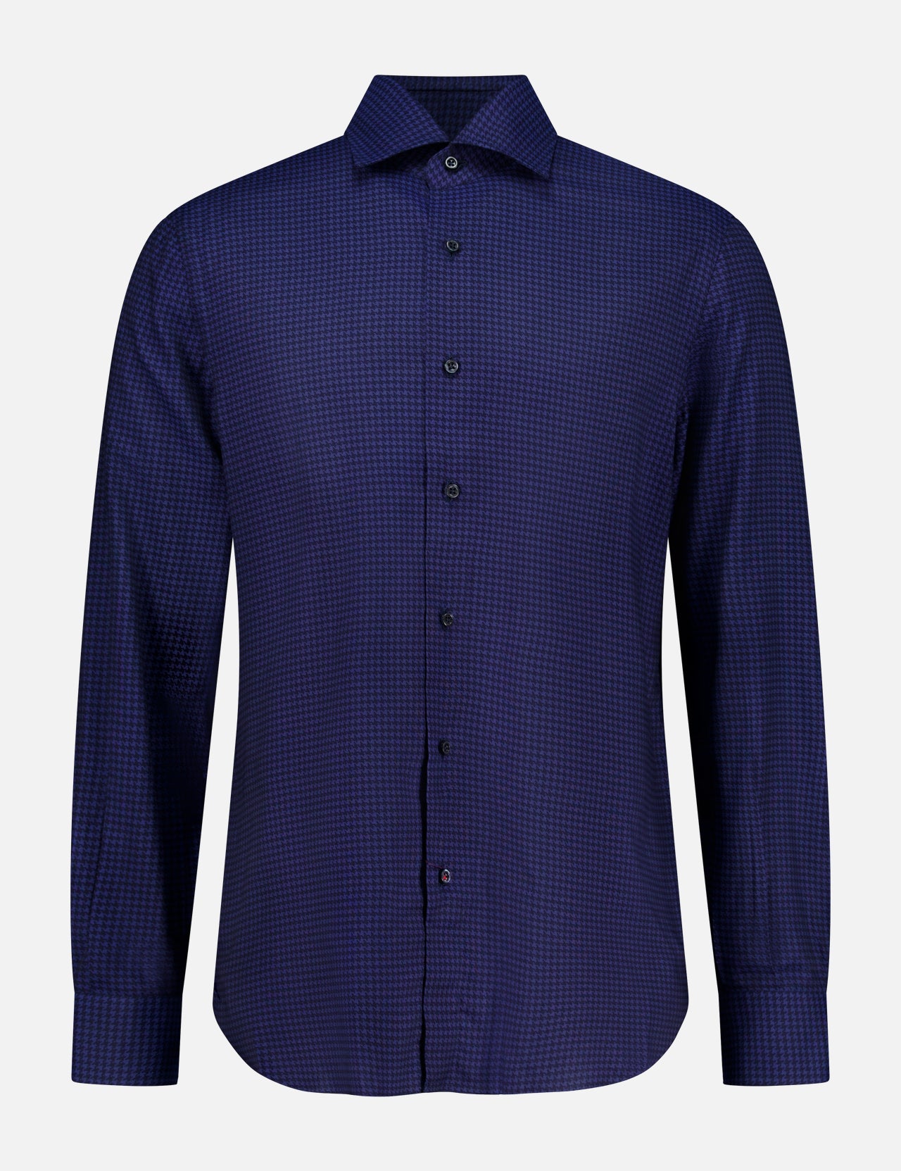 The ISAIA Print Oxford Dress Shirt is a long-sleeved, button-down shirt in dark navy blue with a subtle checkered pattern, displayed front-facing against a plain white background.