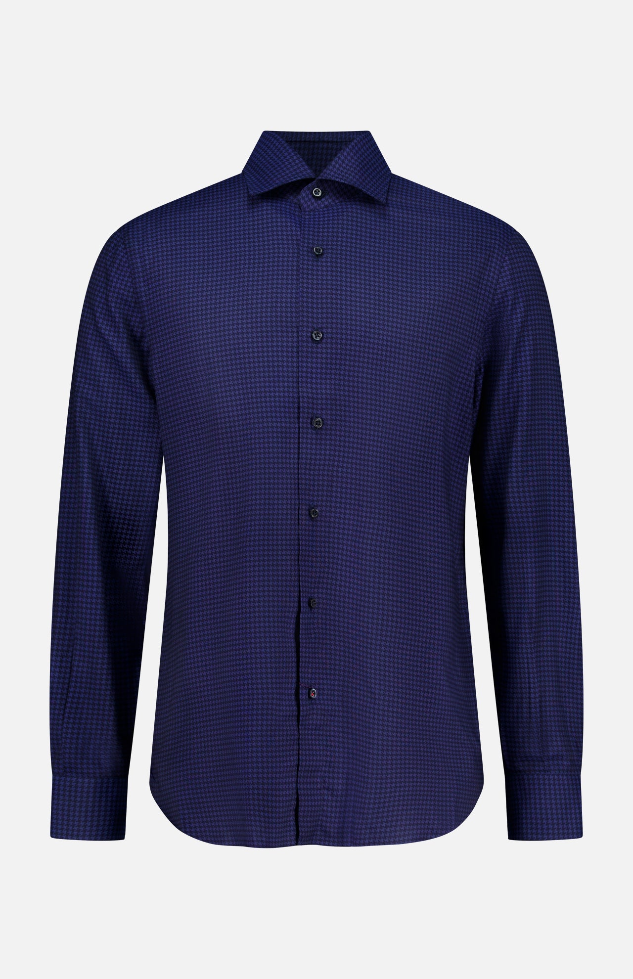 The ISAIA Print Oxford Dress Shirt is a long-sleeved, button-down shirt in dark navy blue with a subtle checkered pattern, displayed front-facing against a plain white background.