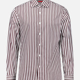 The Rigato Popeline Dress Shirt by ISAIA is a long-sleeve Italian dress shirt featuring vertical maroon and white stripes, a classic collar, and white front buttons. Crafted from easy-care cotton, it offers timeless style with the convenience of effortless maintenance.