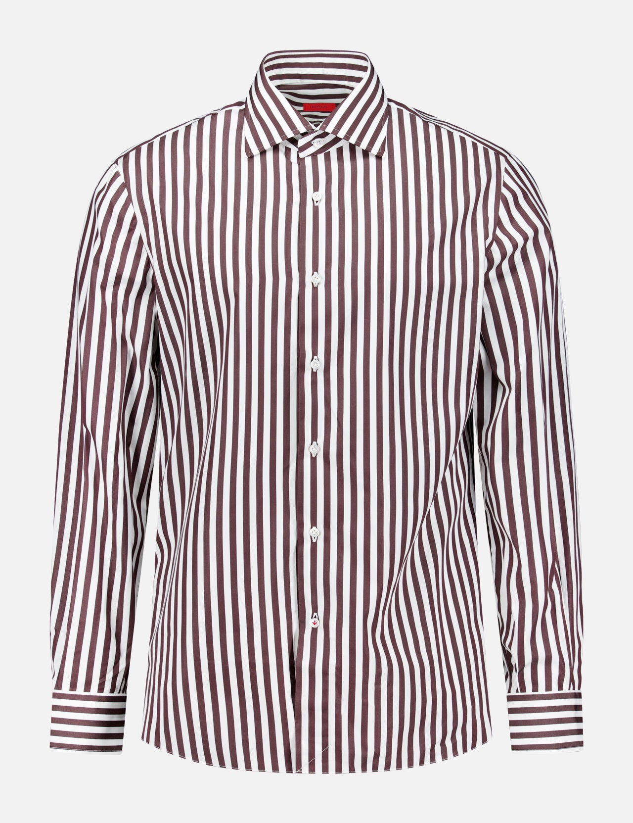 The Rigato Popeline Dress Shirt by ISAIA is a long-sleeve Italian dress shirt featuring vertical maroon and white stripes, a classic collar, and white front buttons. Crafted from easy-care cotton, it offers timeless style with the convenience of effortless maintenance.
