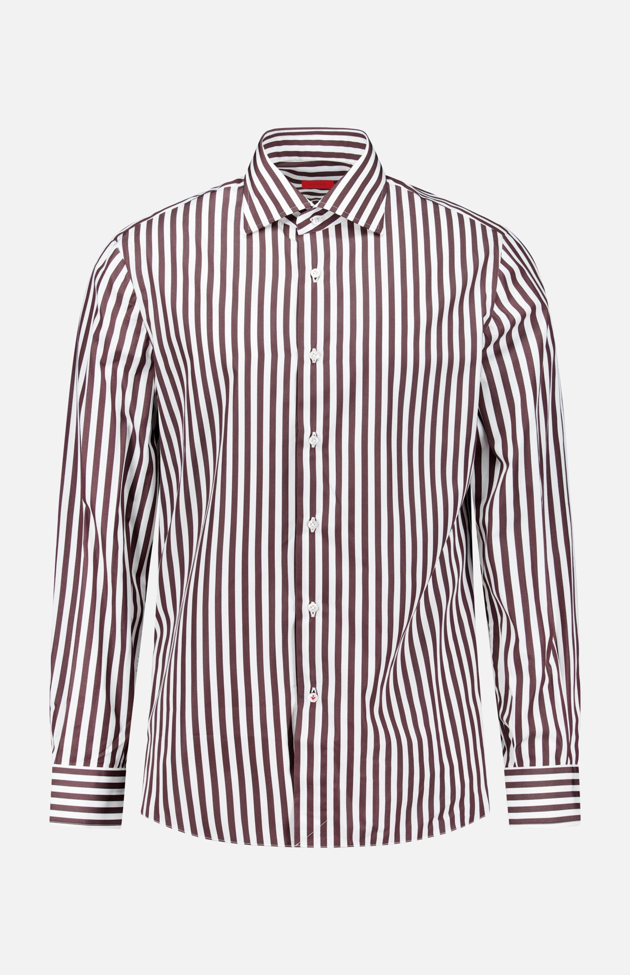 The Rigato Popeline Dress Shirt by ISAIA is a long-sleeve Italian dress shirt featuring vertical maroon and white stripes, a classic collar, and white front buttons. Crafted from easy-care cotton, it offers timeless style with the convenience of effortless maintenance.