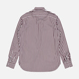 The ISAIA Rigato Popeline Dress Shirt is a long-sleeved, button-up Italian dress shirt featuring vertical maroon and white stripes, displayed from the back against a plain white background.