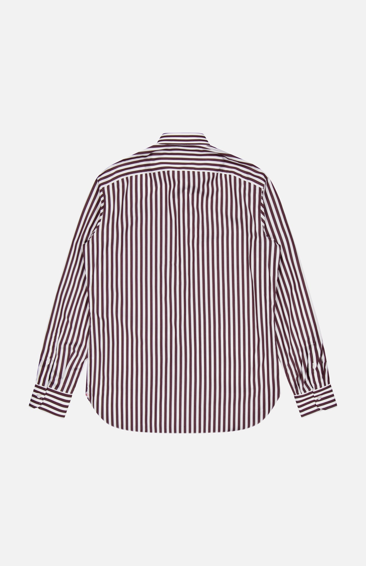 The ISAIA Rigato Popeline Dress Shirt is a long-sleeved, button-up Italian dress shirt featuring vertical maroon and white stripes, displayed from the back against a plain white background.