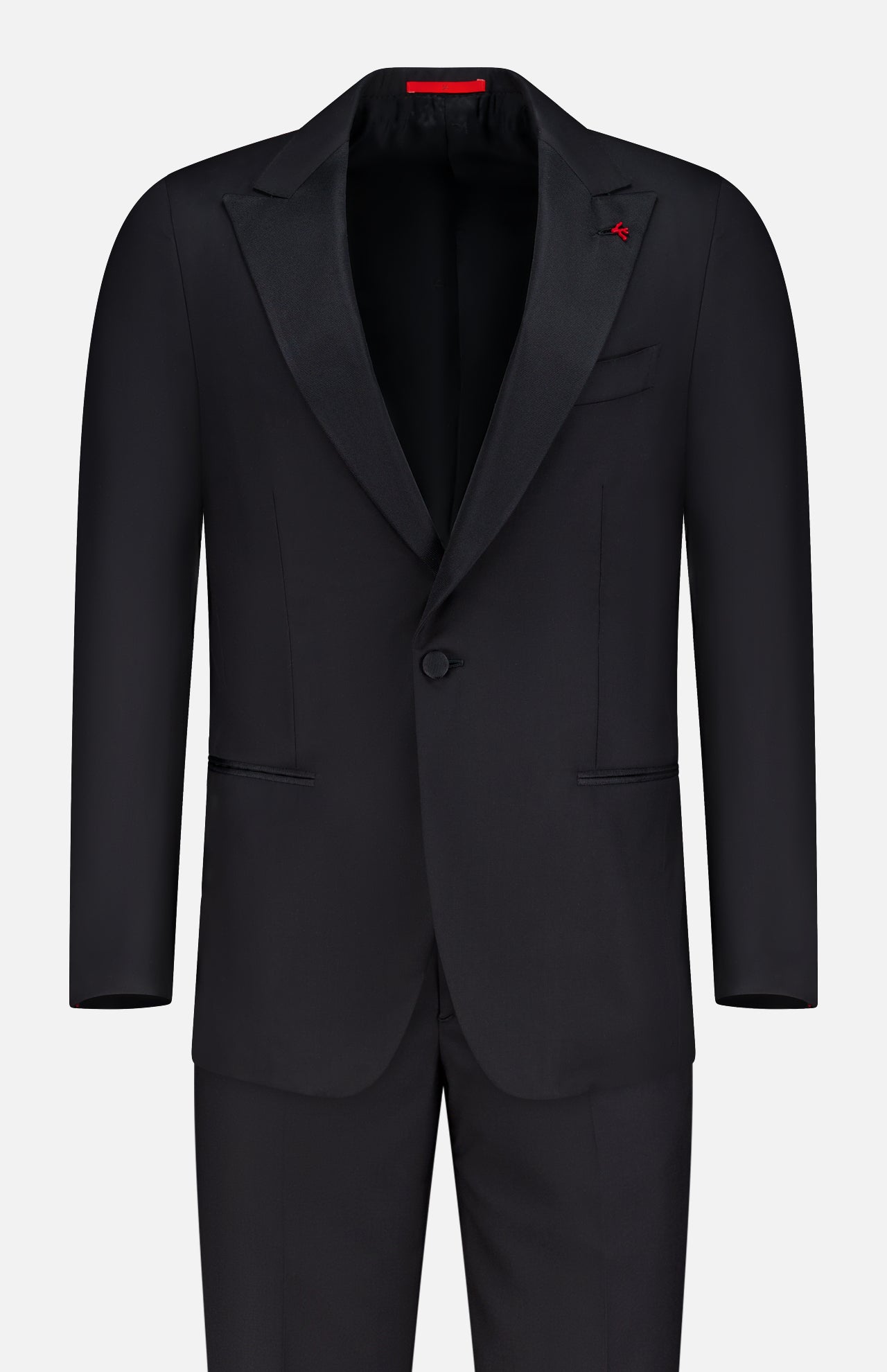 The ISAIA Sanita Tuxedo Super 160s is a classic Italian-made black tuxedo with satin peaked lapels, single-button closure, chest pocket, and two front pockets—ideal for formal gala attire.