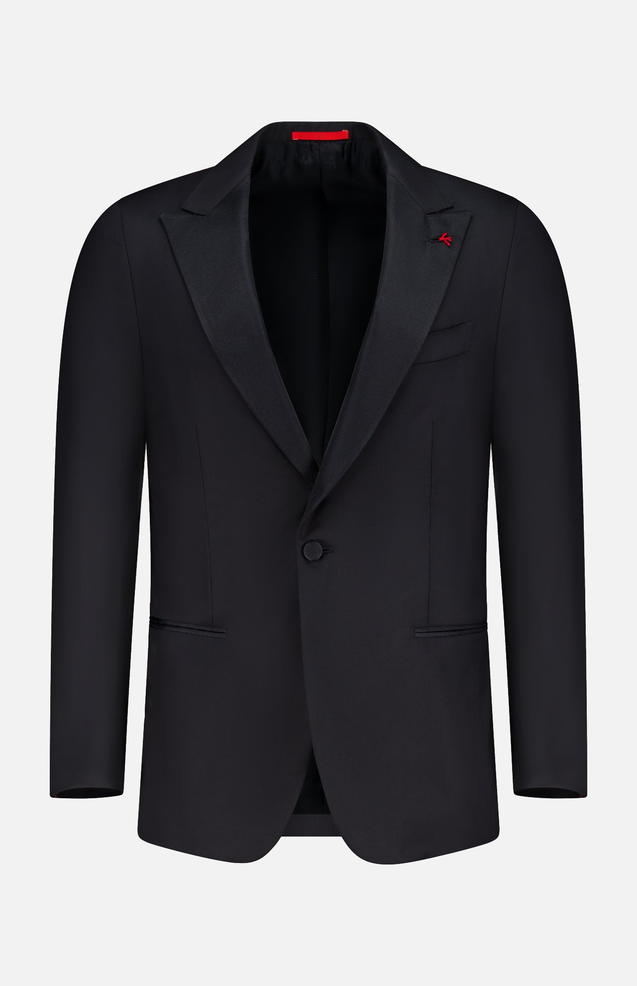 The ISAIA Sanita Tuxedo Super 160s features satin lapels, a single button closure, two front pockets, and a signature red stitch by the collar—ideal for galas—displayed on a plain white background.