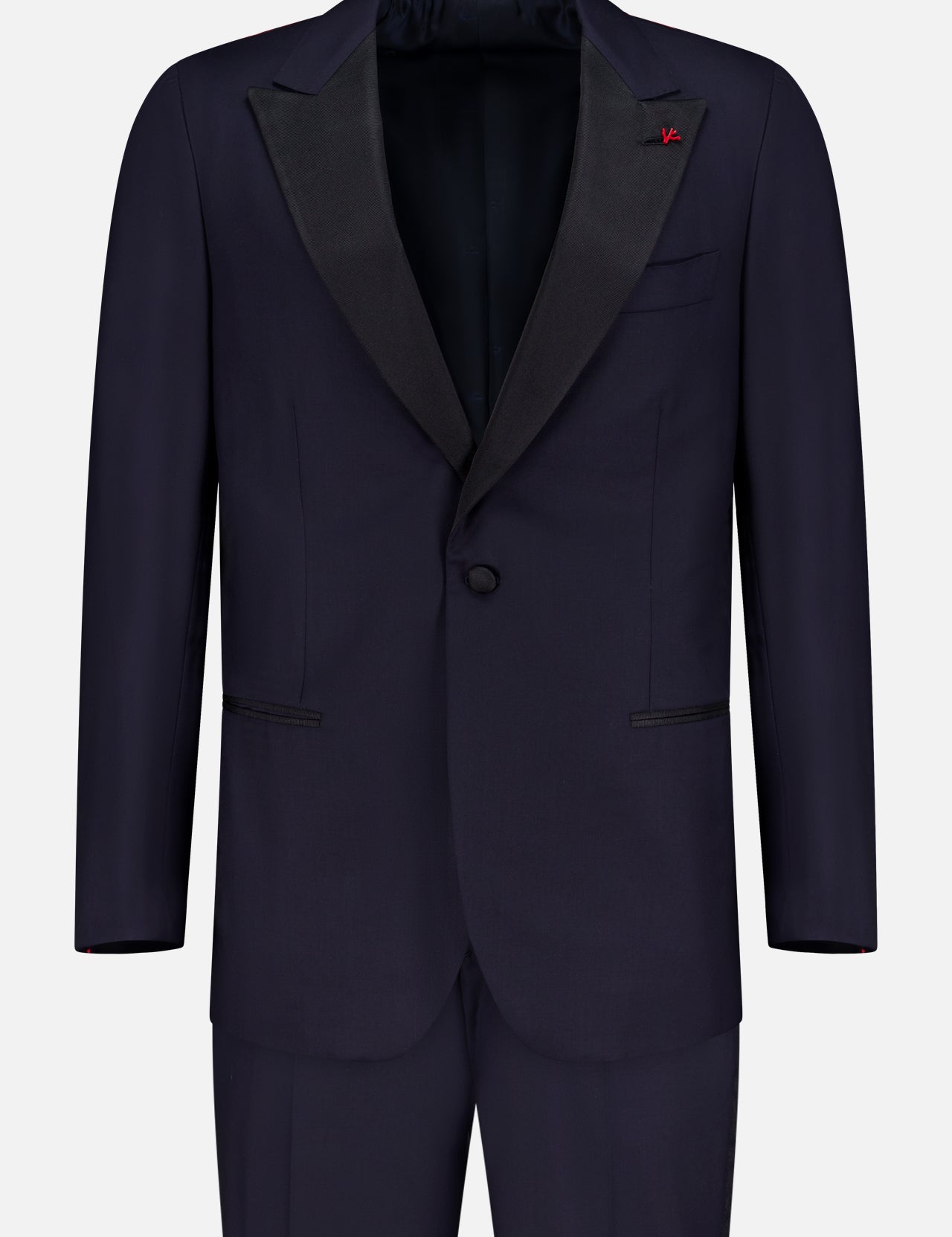 The ISAIA Sanita Tuxedo Super 160s—navy with black satin shawl lapels, single-button closure, and matching trousers—is perfect formal gala attire, shown against a plain white background.