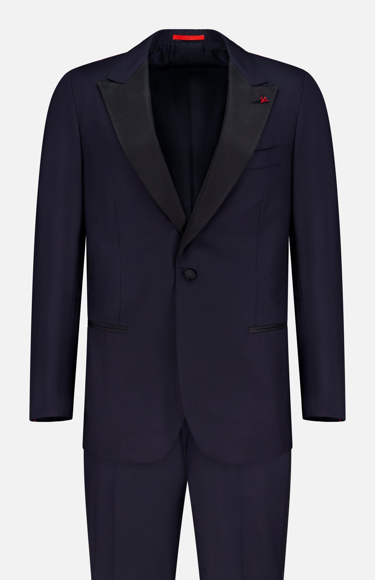 The ISAIA Sanita Tuxedo Super 160s—navy with black satin shawl lapels, single-button closure, and matching trousers—is perfect formal gala attire, shown against a plain white background.