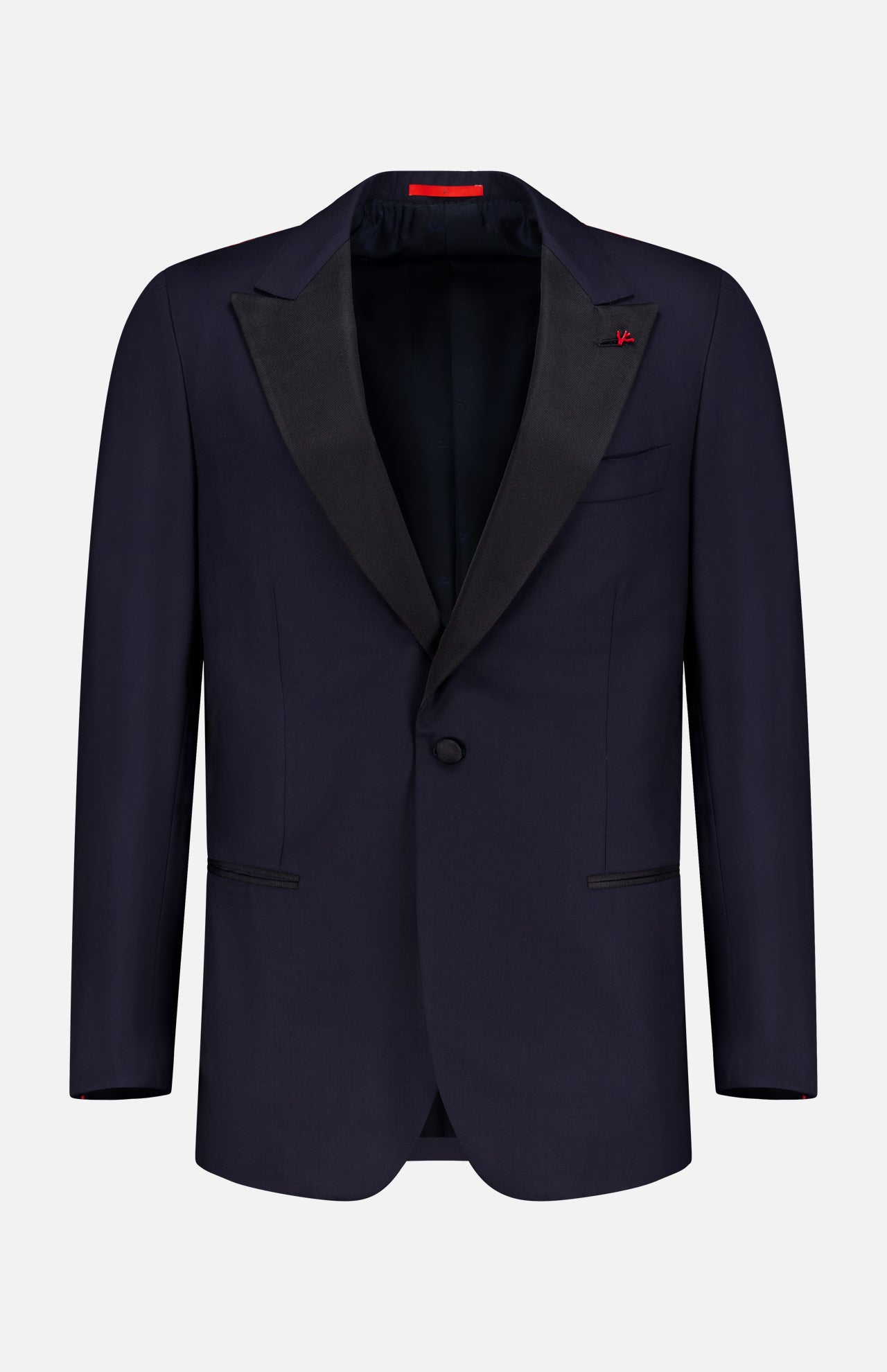 The ISAIA Sanita Tuxedo Super 160s features a dark navy jacket with black satin lapels, single-button closure, two front flap pockets, and a red accent buttonhole—Italian-made and perfect for formal galas, shown on a white background.