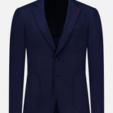 The Scuba Wool Comfort Suit Jacket by ISAIA is a men’s navy blue wool-blend blazer, crafted in an Italian sportcoat style with notched lapels, two buttons, front pockets, and subtle red stitching accents, showcased against a plain white background.