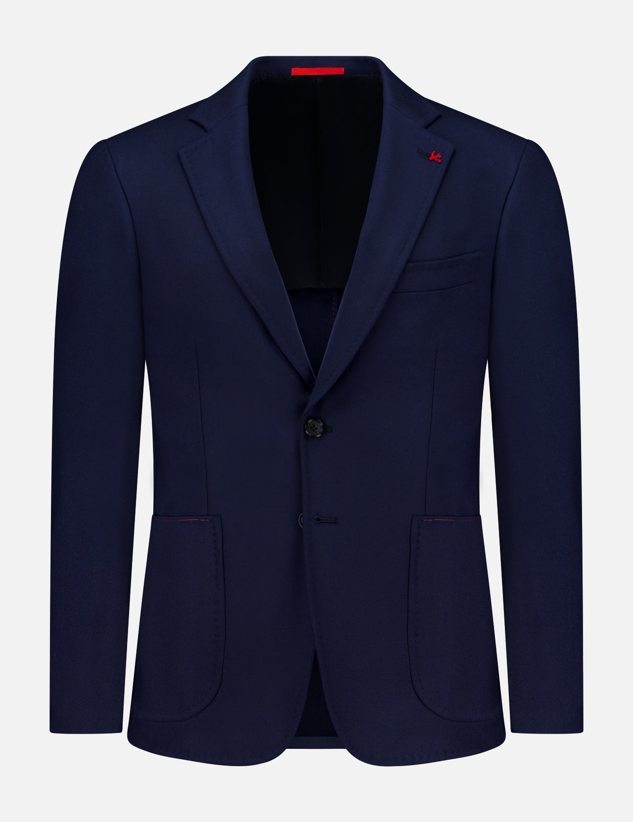 The Scuba Wool Comfort Suit Jacket by ISAIA is a men’s navy blue wool-blend blazer, crafted in an Italian sportcoat style with notched lapels, two buttons, front pockets, and subtle red stitching accents, showcased against a plain white background.