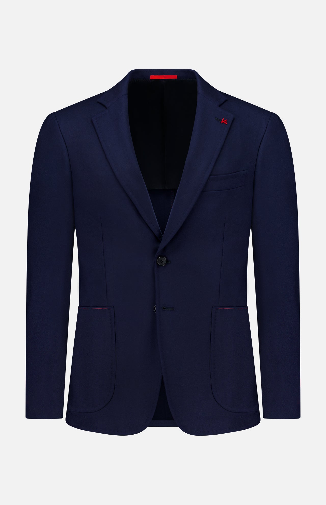 The Scuba Wool Comfort Suit Jacket by ISAIA is a men’s navy blue wool-blend blazer, crafted in an Italian sportcoat style with notched lapels, two buttons, front pockets, and subtle red stitching accents, showcased against a plain white background.