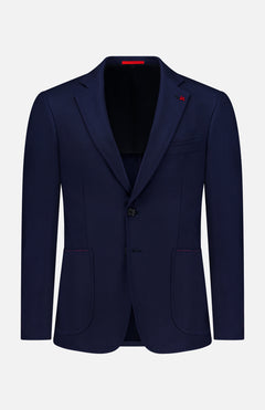 The Scuba Wool Comfort Suit Jacket by ISAIA is a men’s navy blue wool-blend blazer, crafted in an Italian sportcoat style with notched lapels, two buttons, front pockets, and subtle red stitching accents, showcased against a plain white background.
