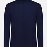 The ISAIA Scuba Wool Comfort Suit Jacket in navy blue is shown from the back against a plain white background, highlighting its long sleeves, notched collar, and subtle seam detailing.