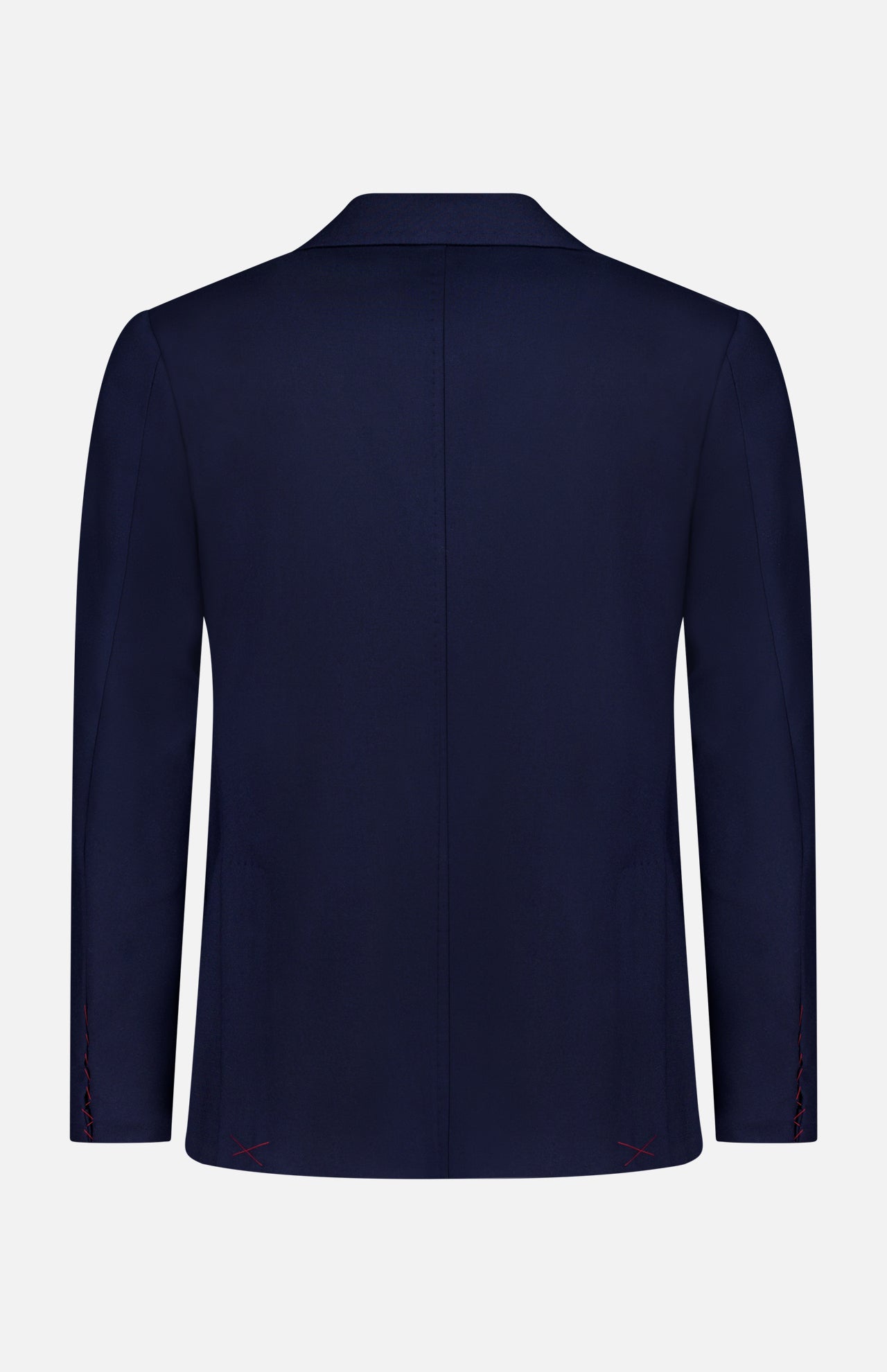 The ISAIA Scuba Wool Comfort Suit Jacket in navy blue is shown from the back against a plain white background, highlighting its long sleeves, notched collar, and subtle seam detailing.