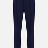 Crafted in Italy, the ISAIA Scuba Wool Comfort Suit Trouser features a navy blue wool-blend fabric, straight-leg silhouette, drawstring waistband, and subtle front pleats; showcased against a plain white background.
