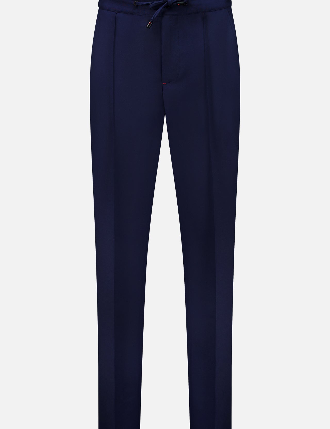 Crafted in Italy, the ISAIA Scuba Wool Comfort Suit Trouser features a navy blue wool-blend fabric, straight-leg silhouette, drawstring waistband, and subtle front pleats; showcased against a plain white background.