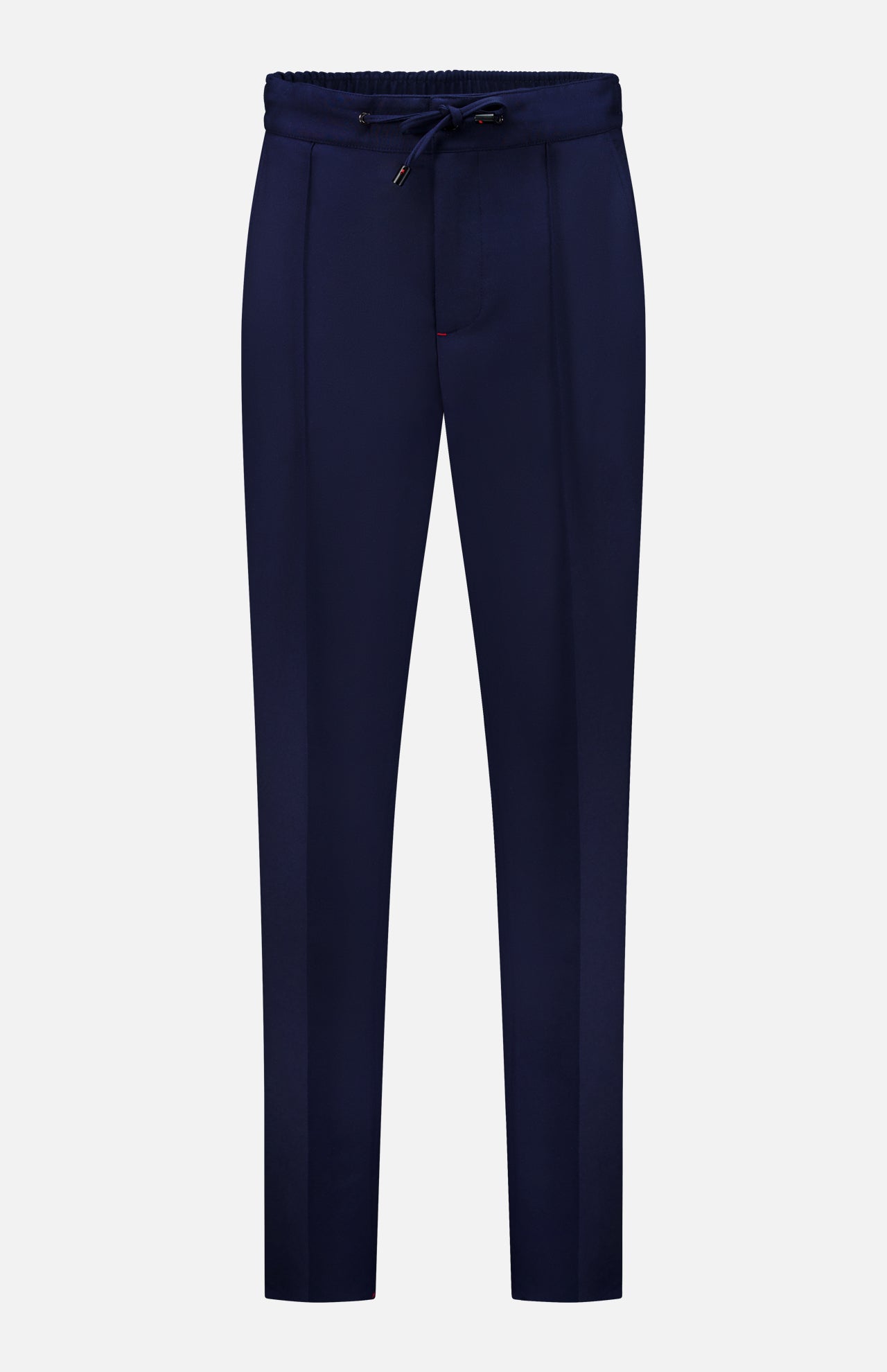 Crafted in Italy, the ISAIA Scuba Wool Comfort Suit Trouser features a navy blue wool-blend fabric, straight-leg silhouette, drawstring waistband, and subtle front pleats; showcased against a plain white background.