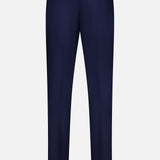 Back view of the ISAIA Scuba Wool Comfort Suit Trouser in navy, featuring an elastic waistband and two buttoned welt pockets. Crafted in Italy from a wool-blend, these trousers offer a straight leg cut and a smooth, tailored finish.