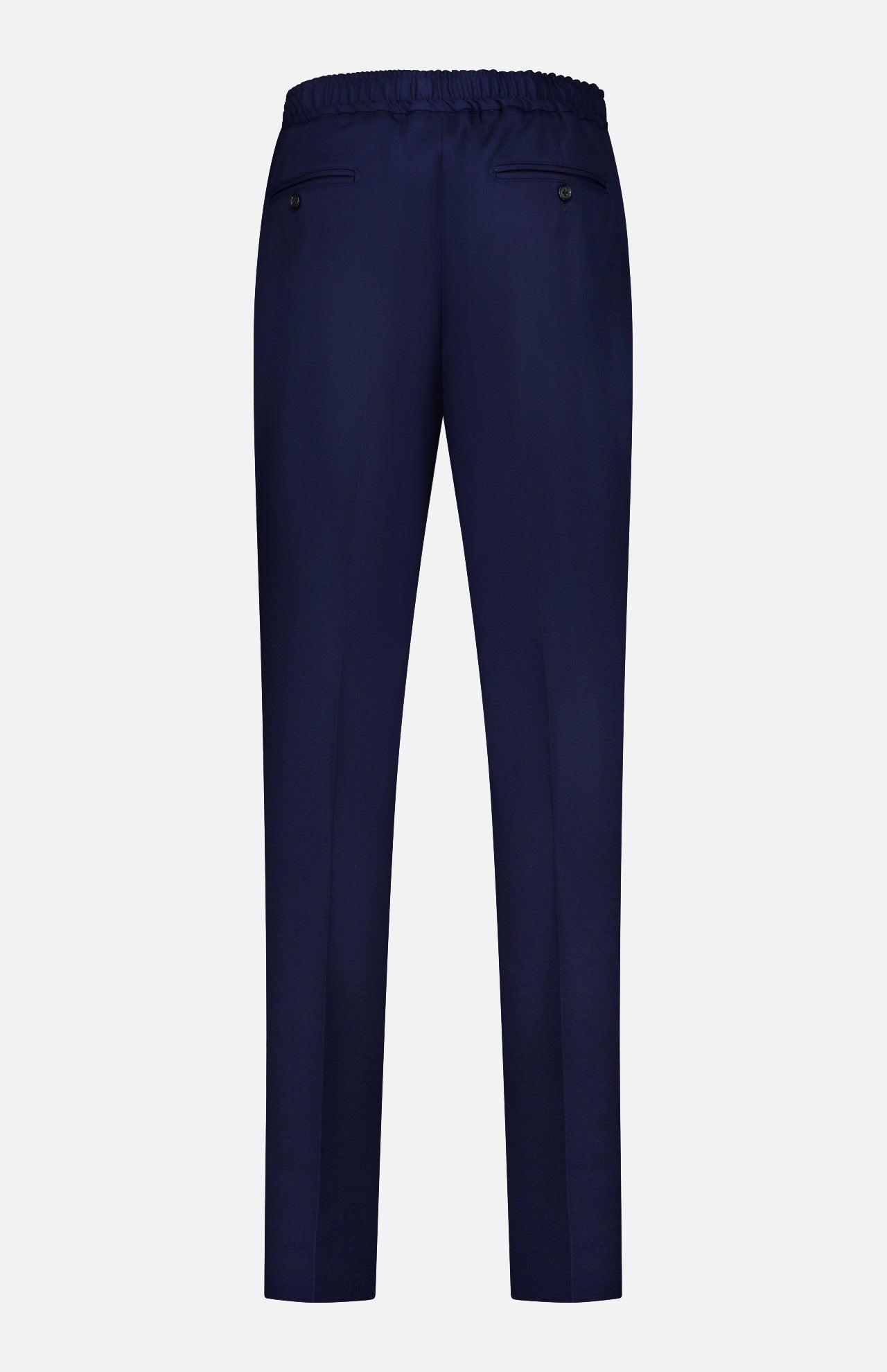 Back view of the ISAIA Scuba Wool Comfort Suit Trouser in navy, featuring an elastic waistband and two buttoned welt pockets. Crafted in Italy from a wool-blend, these trousers offer a straight leg cut and a smooth, tailored finish.
