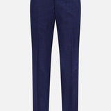 ISAIA Seersucker Comfort Suit Trouser Pant for men in navy blue features a subtle checkered plaid pattern, front button, belt loops, and straight legs. These classic wool-blend pants offer comfort and timeless style against a white background.