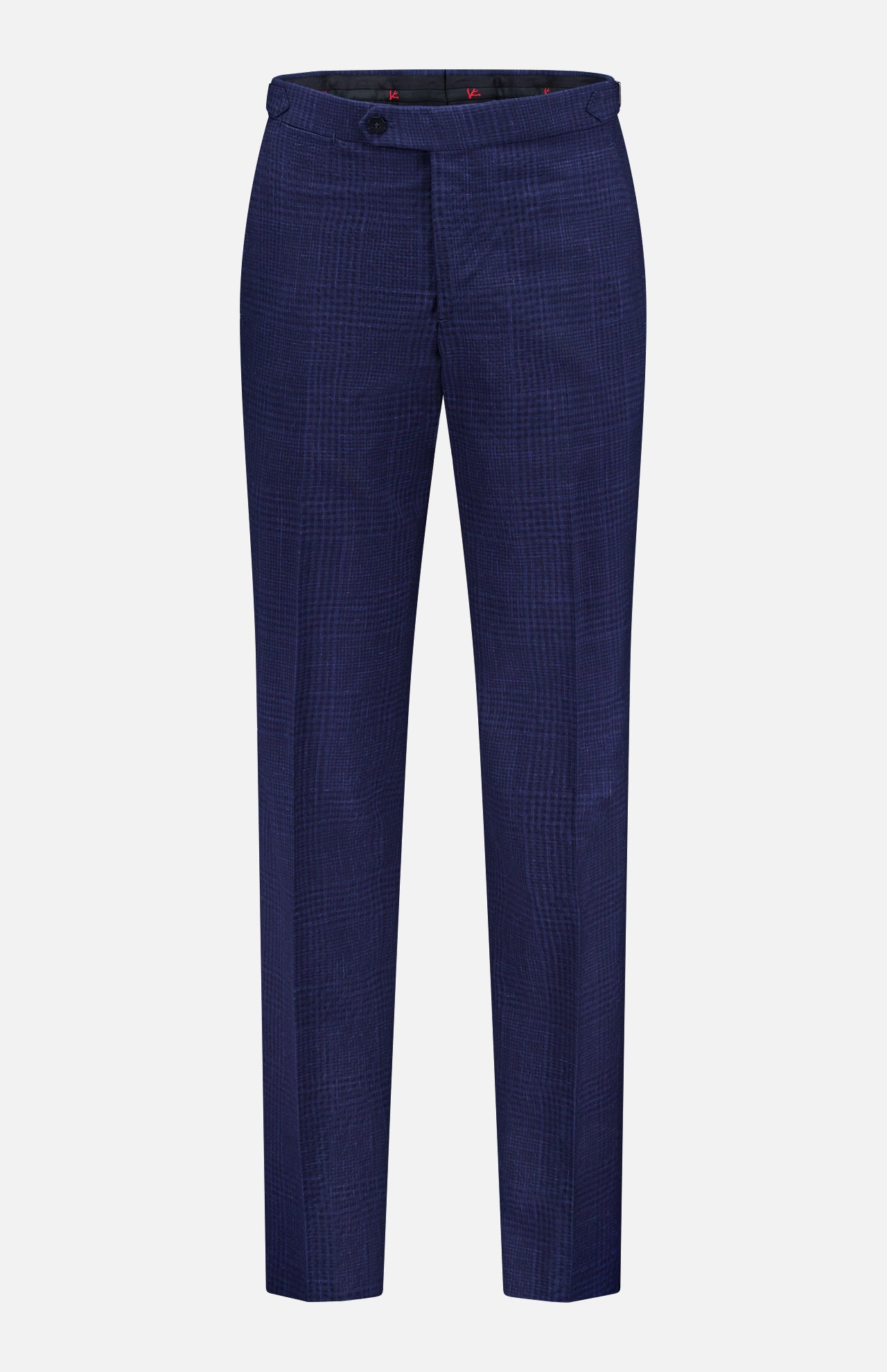 ISAIA Seersucker Comfort Suit Trouser Pant for men in navy blue features a subtle checkered plaid pattern, front button, belt loops, and straight legs. These classic wool-blend pants offer comfort and timeless style against a white background.