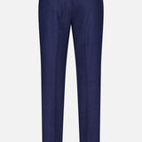 Back view of ISAIA Seersucker Comfort Suit Trouser Pant for men in navy plaid with adjustable side tabs and two buttoned back pockets, shown against a plain white background.