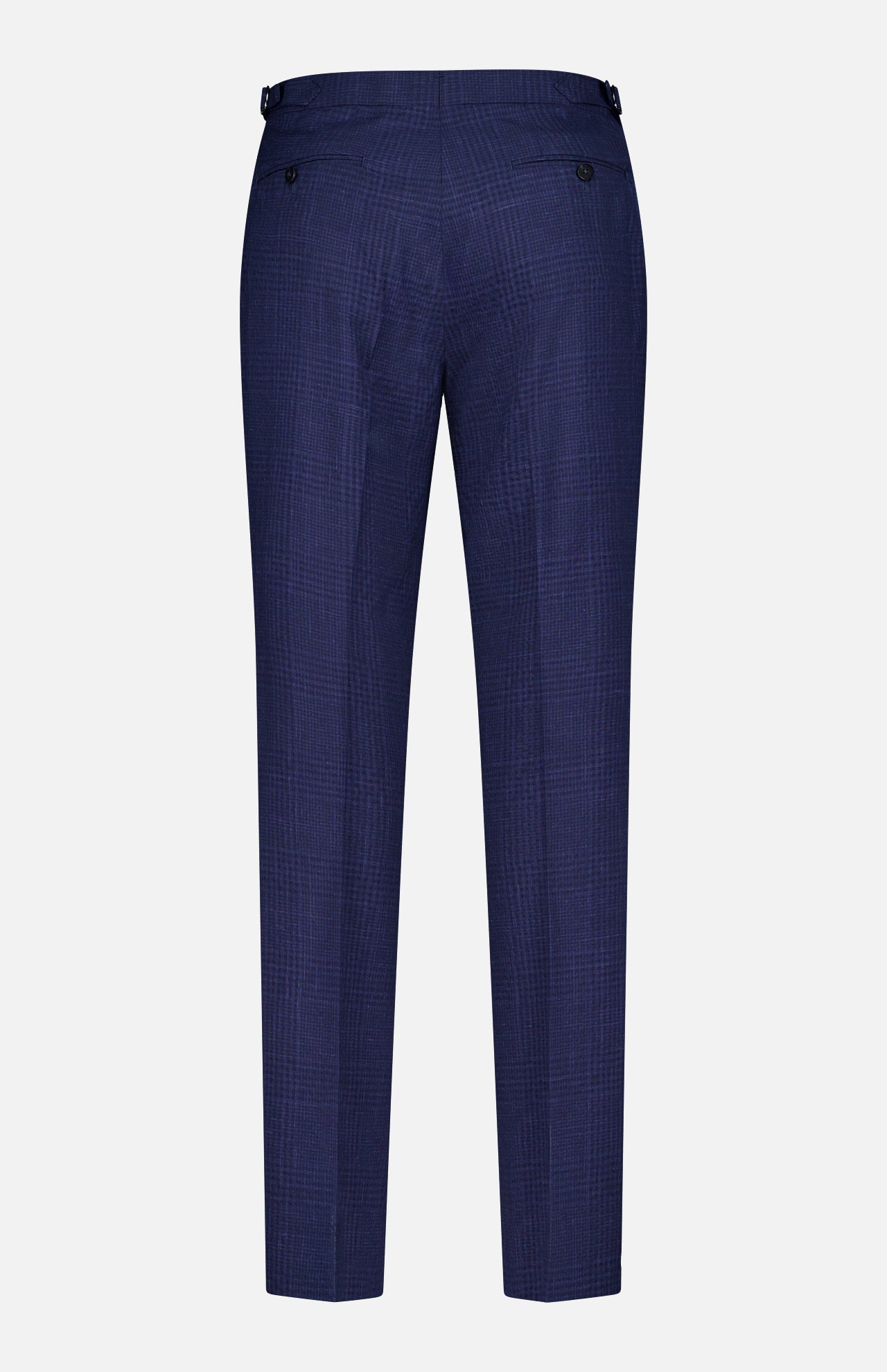 Back view of ISAIA Seersucker Comfort Suit Trouser Pant for men in navy plaid with adjustable side tabs and two buttoned back pockets, shown against a plain white background.