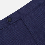 Close-up of the waistband and upper section of ISAIA's Seersucker Comfort Suit Trouser Pant, navy with a subtle checkered pattern, showing a single black button and part of the pocket opening.