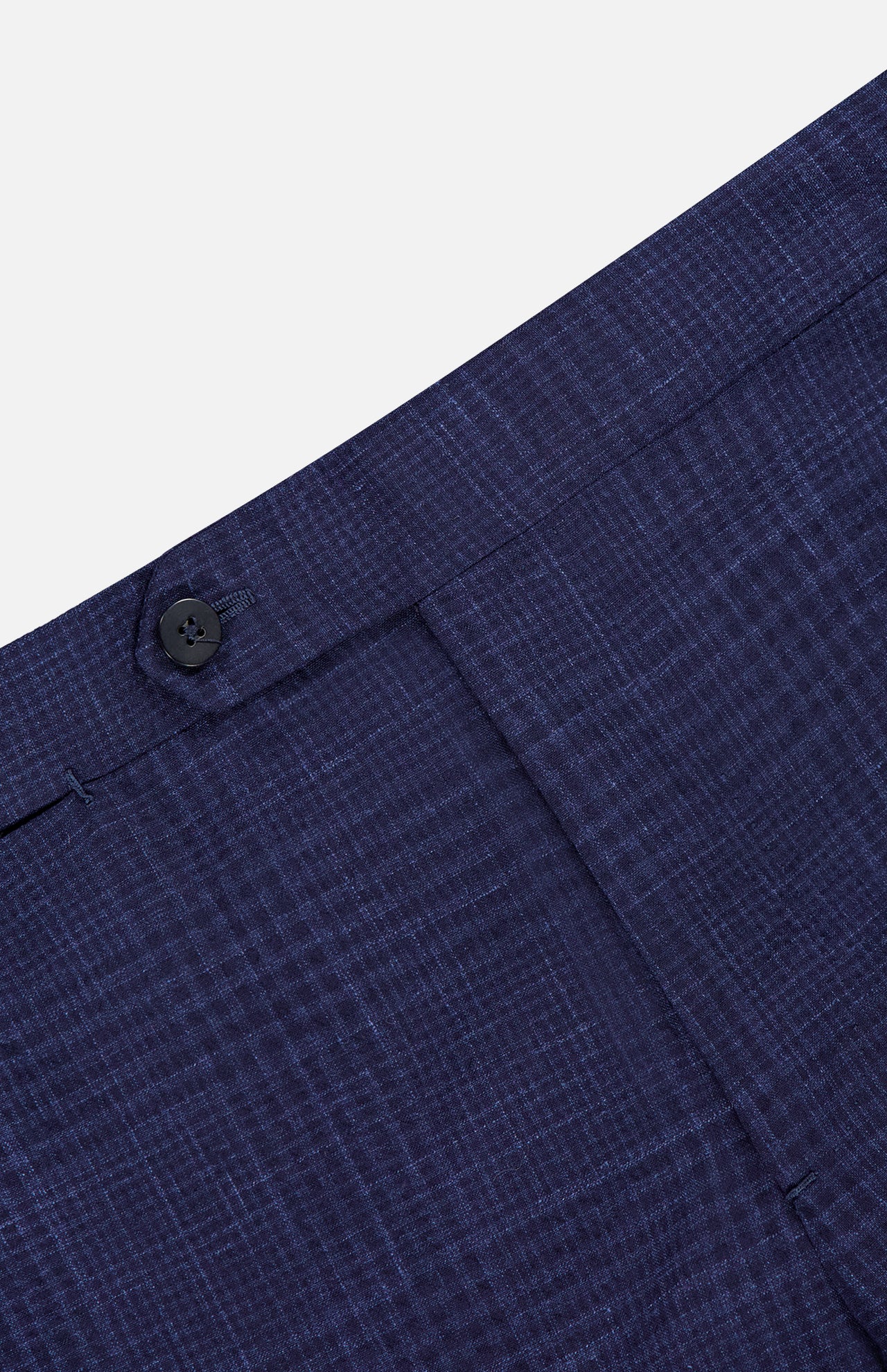 Close-up of the waistband and upper section of ISAIA's Seersucker Comfort Suit Trouser Pant, navy with a subtle checkered pattern, showing a single black button and part of the pocket opening.
