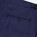 Close-up of the back pocket on ISAIA's Seersucker Comfort Suit Trouser Pant, featuring a button closure, subtle plaid texture, and an adjustable tab on the waistband—classic details for men's dress trousers.